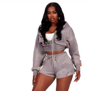 Womens Summer Crop <b>Hoodies</b> and Shorts Sets - Comfortable and Trendy 2 Piece Set for Everyday Wear - Product Image 2