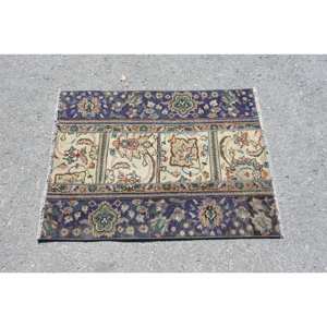 Classique Bleu Beige 2.3x3.1ft À La Main Tapis Turc Rectangulaire Patchwork Conception Laine Polyester Matériel Latex pour Chambre Salon - Product Image 3