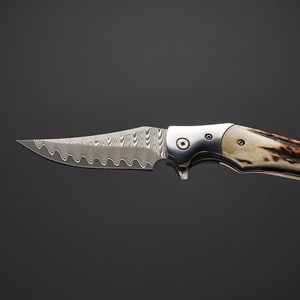 Handmade Damascus Steel Folding Pocket Knife Leather Sheath OEM Horn Industrial Hunting <b>Tools</b> - Product Image 6