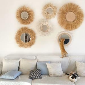 Décoration murale miroir rond moderne en papier bohème design raphia fait à la main au Vietnam - Product Image 3