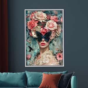 Toile femme papillon fleuri - Impression de portrait romantique et surréaliste pour la décoration, encadrée en blanc - Product Image 1