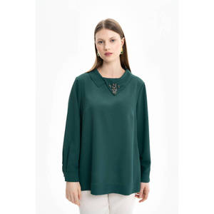Chemise longue décontractée pour femmes avec détail de col brodé vert - Product Image 5