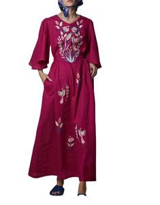 Vestido bordado personalizado 100% para mujer, patrones estampados tejidos de manga ancha Floral, ropa de ocasión de moda lavable Natural - Product Image 1