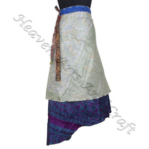 Nouvelle jupe en soie Fournisseurs en gros Jupes portefeuille magiques en ligne Jupe enroulée réversible sari en soie recyclée pour la plage - Product Image 5