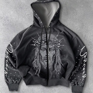 Streetrush hommes Zip avant à capuche cordon strass embelli Figure impression automne Y2K Design col à capuche Applique solide - Product Image 1