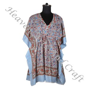 Vestido caftán de algodón 100% para mujer, caftán corto estampado con bloque de mano, peso ligero, ropa informal para ocasiones, modelo ODM Natural KFCS157 - Product Image 5