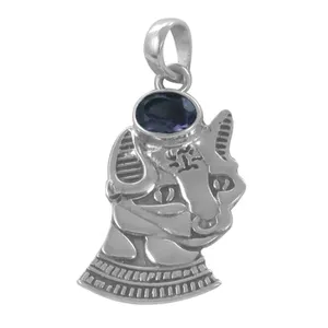 Pendentif Chat Égyptien en Argent Sterling avec Zircon Bleu Sertie de Façon Bezel, Breloque Animale Vintage, Bijou Unisexe pour Usage Quotidien, Tendance Rajasthan - Product Image 1