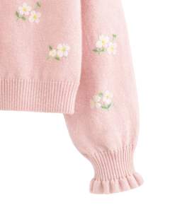 Manufacturer Customized <b>Women</b> Baby Pink Knit <b>Cardigan</b> Sweater <b>With</b> Floral Print Ruffle V Neck Button Front Cute Winter Fashion - Product Image 5