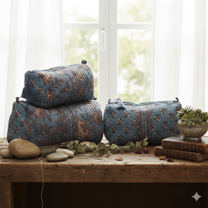 Juego de 3 Estuches Cosméticos de Viaje Reversibles, Acolchados, de Algodón Ecológico, con Cierre y Diseño Floral - Product Image 1