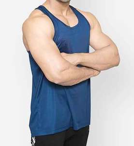 Venta al por mayor de camisetas sin mangas de algodón 100% transpirables informales para hombre de color <span class=keywords><strong>azul</strong></span> vaquero cómodo con diseño de logotipo personalizado OEM - Product Image 3