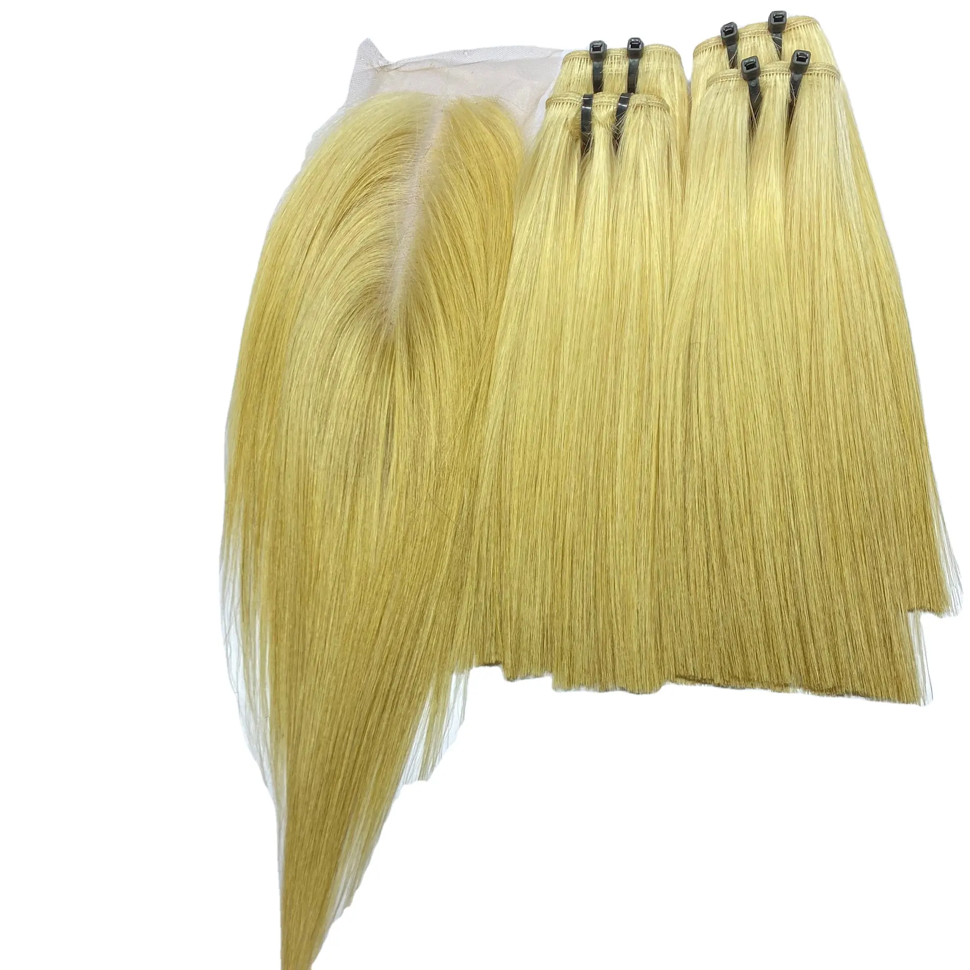 Faisceaux de cheveux raides en os de couleur blonde populaires avec fermeture tous les types d'os dessinés Super double drawn straight orange