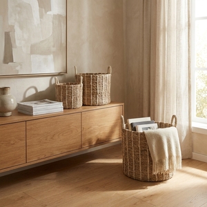 Ensemble de paniers de rangement en herbe naturelle Mendong, avec pot cylindrique vertical à poignée arquée et rayures blanches, pour une décoration artistique pure de la pièce - Product Image 6