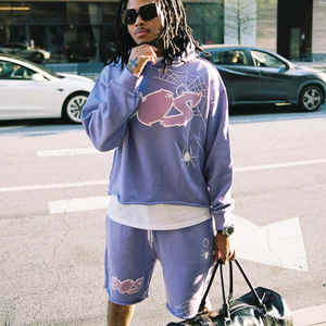 Chándal corto lavado con ácido de gran tamaño personalizado 2026, pantalones acampanados Vintage, Sudadera con capucha, conjunto de 2 piezas, chándal, diamantes de imitación de felpa franceses sólidos - Product Image 1