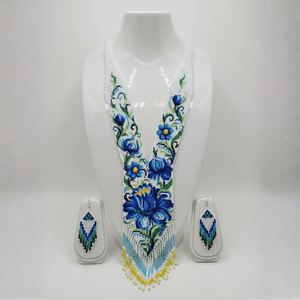 Blue Blossom Bohemian Beaded Necklace and Earring <b>Set</b> Gold Plated Horn Jewelry for Parties Fine Bridal Jewelry - Product Image 1