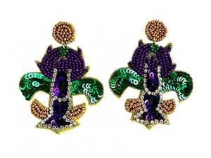 Pendiente de cuentas de semillas con forma de corazón de Mardi Gras Color: Púrpura/amarillo y verde Cuentas de flecos Fleur De Lis New Orleans Louisiana Pendiente - Product Image 2