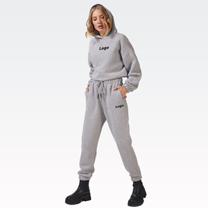Venta al por mayor logotipo personalizado 2023 primavera señoras recortada Sudadera con capucha cordón Conjunto Polar mujer sudadera conjunto chándal con logotipo personalizado conjunto de 2 piezas - Product Image 1
