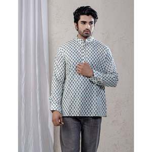 Kurta court en coton imprimé décontracté pour hommes avec manches longues - Product Image 1