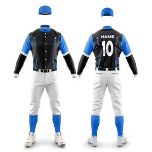 Custom <b>Baseball</b> Jersey Men's Full Sleeve Black Blue 100% Cotton Anti-Bacterial Breathable Uniform Ronpex International Team - Product Image 1