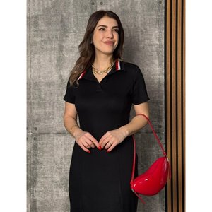 Vestido midi de viscosa de dos hilos con cuello y abertura, de manga corta para mujer, 35096 - Negro - Product Image 3
