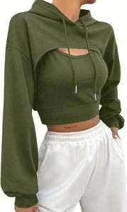 Sudadera con capucha de gran tamaño para mujer, Tops súper cortos de manga larga con cordón, chándal de entrenamiento informal transpirable, logotipo frontal con cremallera, bordado 3D - Product Image 4