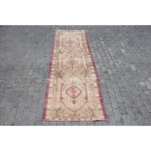 Vintage Rug, Runner 3.2x9.8 ft Turkish Rug, <b>Brown</b> Floral <b>Wool</b> Rug - Product Image 1