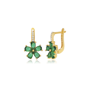 Emerald CZ Stone Flower Design <b>Silver</b> LatchBack <b>Earrings</b> Turkish Jewelry 925 <b>Sterling</b> <b>Silver</b> Jewellery - Product Image 1