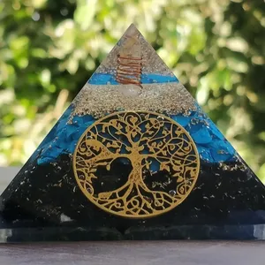 Aquamarine + Piramida Turmalin Orgonit Hitam dengan Simbol Pohon Kehidupan Menyeimbangkan Meditasi Yoga dan Lingkungan Spritual
