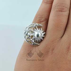925 Sterling Silver Sun <b>Moon</b> <b>Ring</b> Handmade Boho Celestial Jewelry 18K Plating Gift for Her Inlaid Crescent <b>Moon</b> Design - Product Image 1