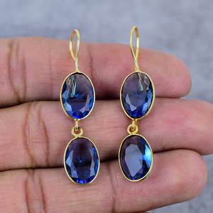 ต่างหูเงินแท้ 925 ชุบทอง ประดับแทนซาไนต์ควอตซ์ทรงรี ดีไซน์เก๋ไก๋แบบลวด สำหรับงานปาร์ตี้ งานครบรอบ ต่างหูผู้หญิง - Product Image 1