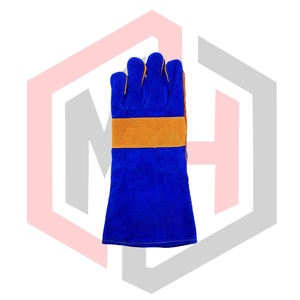 ถุงมือหนังสีน้ำเงินสำหรับงานเชื่อม  บุด้วยวัสดุเสริมความแข็งแรงสีน้ำตาลบริเวณฝ่ามือ ทนความร้อน ทนไฟ ป้องกันไฟฟ้าสถิต น้ำหนัก 11 ออนซ์ ยาว 14 นิ้ว ปราศจากซิลิโคนและแป้ง - Product Image 3