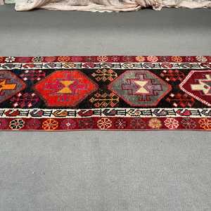 Turkish <b>Runner</b> Rug, 2.8x12.5 ft Vintage Rug, <b>Red</b> Patchwork Wool Rug - Product Image 5