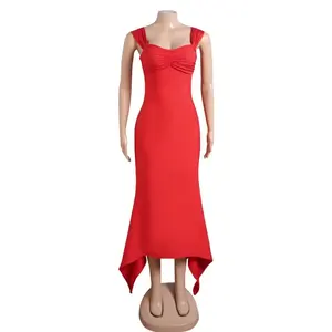 Vestido de Gala Rojo Satinado Elegante de Primera Calidad, Estilo Bodycon, Largo hasta el Suelo, con Cintura Natural Plisada, Ideal para Fiestas - Product Image 2