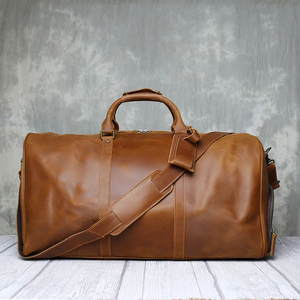 Bolsa de Viaje de Fin de Semana Plegable de Cuero Genuino, Ligera, de Gran Capacidad, con Cierre de Cremallera, Portátil, Resistente, Color Marrón - Product Image 1