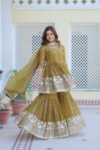 Elegante conjunto de Sharara brillante completamente cosido Traje de invitado de boda para bodas y fiestas de verano-Ropa india y pakistaní - Product Image 4