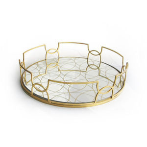 Plateau de rangement décoratif pour la maison en métal rond doré luxueux avec un design géométrique en fer et en verre Organisateur de table en vente - Product Image 1