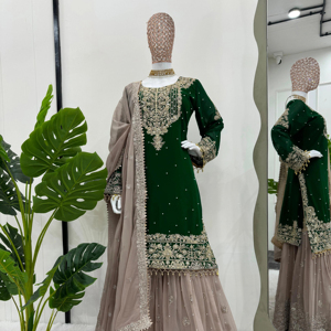 Conjunto de diseñador de lujo Faux Georgette traje bellamente adaptado con comodidad interior con una sharara y dupatta a juego - Product Image 1