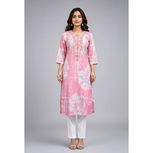 Women's <b>White</b> <b>Embroidered</b> Poplin Cotton Kurta with Hand Drawn Floral Print <b>White</b> Poplin Cotton Kurta <b>Embroidered</b> Floral Print - Product Image 1