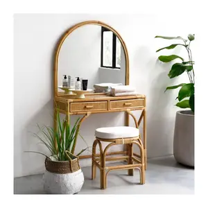 Luxury handcrafted rattan dressing makeup table with mirror best price natural wicker tables for makeup