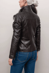 Blouson de moto en cuir noir pour femme, imperméable, respirant, matelassé brut, coupe ajustée, fermeture éclair pour l'hiver et l'automne - Product Image 6