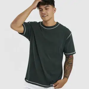 T-shirt personnalisé vierge 100% coton à col rond surdimensionné de meilleure qualité T-shirts en coton T-shirt noir à coutures contrastées
