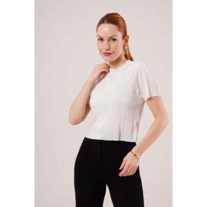 Lustrin Women's Ribbed Short Sleeve Shiny White Blouse - Wholesale Polyester Knit <b>Top</b> for Casual Wear - Product Image 1