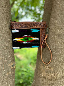 New Western Aztec Quilted <b>Leather</b> Wristlet Clutch Bags Stylish Vintage Brown Tooling Sling Bags Ladies Fashionable Tooled - Product Image 2