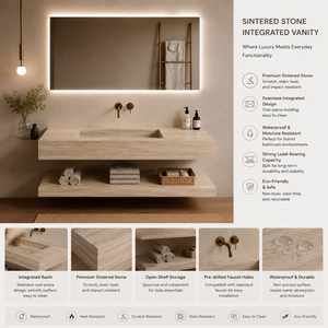 Maßgefertigtes Wandmontiertes Badezimmer-Waschtischset aus Mineralwerkstoff Nahtloses Doppelwaschbecken Travertin-Waschbecken Modern Minimalistisch - Product Image 5