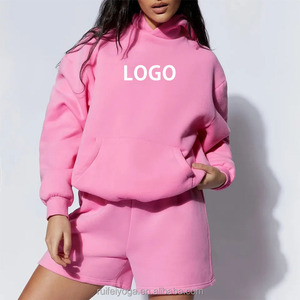 Conjunto de 2 piezas de sudadera con capucha y pantalones cortos de ciclista para mujer, 100 % algodón, OEM/ODM, con logotipo personalizado impreso en 3D, chándal de 2 piezas para mujer - Product Image 1