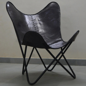 Silla de mariposa de cuero de vaca negra, silla de ocio plegable de estilo antiguo para interior y exterior para dormitorio, sala de estar - Product Image 1