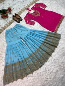 Chic traditionnel rose haut bleu ciel Georgette Palazzo Salwar costume élégant vêtements ethniques pour les fêtes mariages célébrations festives - Product Image 4