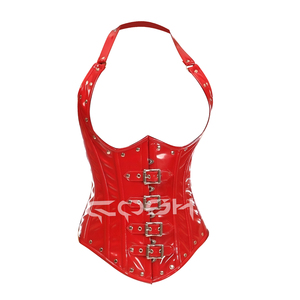Corset en PVC rouge à col halter avec bretelles à boucles, vente en gros |   Bustier corset sexy en PVC brillant - Product Image 1