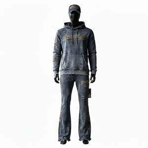 Conjuntos de Chándales Desgastados de 400 Gsm, Conjuntos Deportivos Vintage Personalizados, Conjuntos Deportivos con Lavado Ácido, Pantalones Deportivos y Sudadera con Capucha para Hombre - Product Image 2