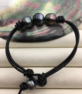Big Three Drop Green Black Tahitian Pearl <b>Leather</b> Cord <b>Bracelet</b> Nautical Rope <b>Bracelet</b>, Surfer <b>Bracelet</b> - Product Image 2