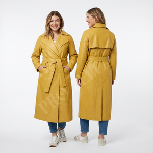 Manteau long en cuir véritable sur mesure, poids lourd, ceinture, mode d'hiver, coupe ajustée, longueur totale, pour femmes - Product Image 6